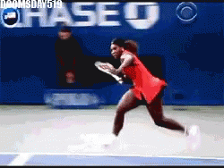 A Woman In A Red Dress Is Running On A Tennis Court In Front Of A Chase Sign GIF