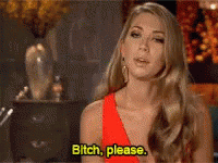 A Woman In A Red Dress Is Saying Bitch Please . GIF
