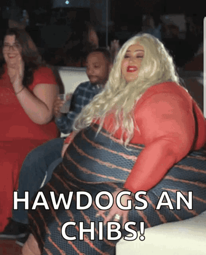 A Woman In A Red Dress Is Sitting On A Couch And Says Hawdogs An Chibs GIF