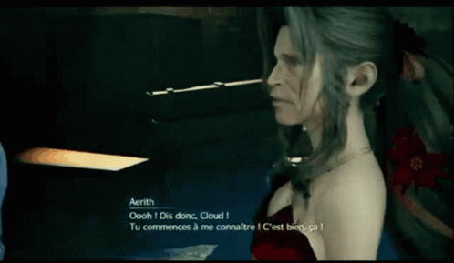 A Woman In A Red Dress Is Smoking A Cigarette And Says Aerith Oooh Dis Donc Cloud GIF