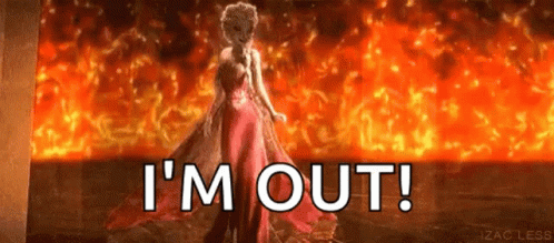 A Woman In A Red Dress Is Standing In Front Of A Fire And The Words `` I 'M Out '' . GIF