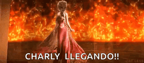 A Woman In A Red Dress Is Standing In Front Of A Fire With The Words Charly Llegando ! GIF