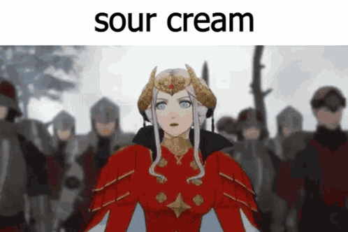 A Woman In A Red Dress Is Standing In Front Of A Group Of Soldiers With The Words Sour Cream Written Above Her GIF