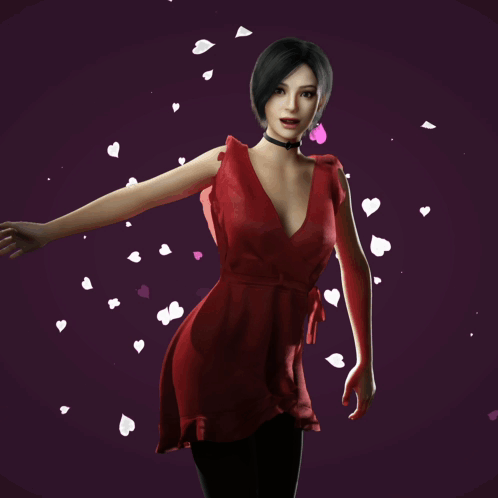 Woman In Red Dress Standing In Front Of Hearts GIF