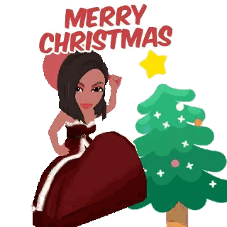 a woman in a red dress is standing next to a christmas tree and the words merry christmas are above her