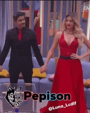 A Woman In A Red Dress Is Standing Next To A Man In A Black Suit With The Name Pepison On The Bottom GIF