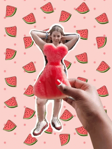 A Woman In A Red Dress Is Surrounded By Watermelons GIF