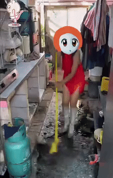 A Woman In A Red Dress Is Sweeping The Floor GIF