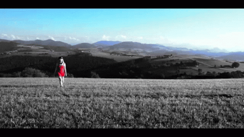 A Woman In A Red Dress Is Walking Through A Field GIF