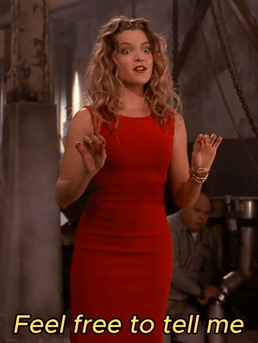 A Woman In A Red Dress Says " A Little Too Personal " In Yellow Letters GIF