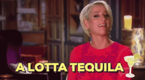 A Woman In A Red Dress Says " A Lotta Tequila " Next To A Martini Glass GIF