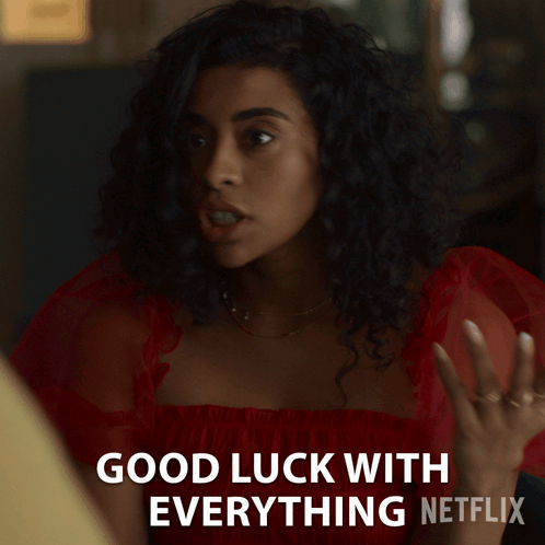 A Woman In A Red Dress Says " Good Luck With Everything " GIF