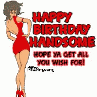 A Woman In A Red Dress Says Happy Birthday Handsome GIF