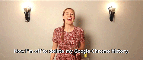 A Woman In A Red Dress Says " Now I 'M Off To Delete My Google Chrome History .. " GIF
