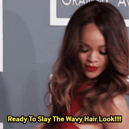 A Woman In A Red Dress Says " Ready To Slay The Wavy Hair Look !!! " GIF