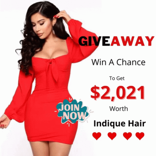 A Woman In A Red Dress With The Words Giveaway Win A Chance To Get $ 2,021 Worth Indicque Hair GIF