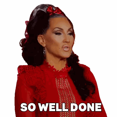 a woman in a red dress with the words so well done on her face