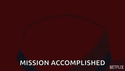 A Woman In A Red Hat With The Words Mission Accomplished On The Bottom GIF