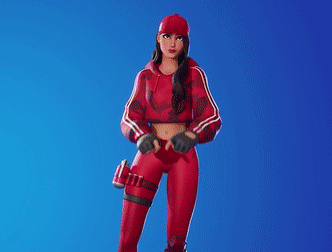 A Woman In A Red Hoodie And Hat Is Standing In Front Of A Neon Frame . GIF