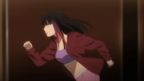 A Woman In A Red Jacket And Purple Top Is Running GIF