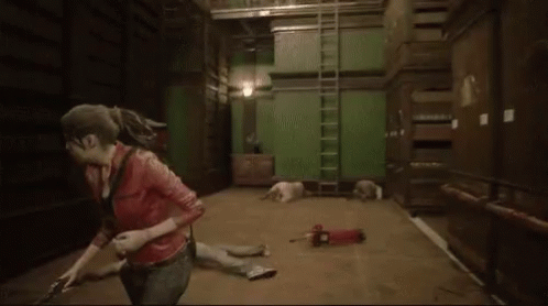 A Woman In A Red Jacket Is Running Through A Room With A Green Wall GIF