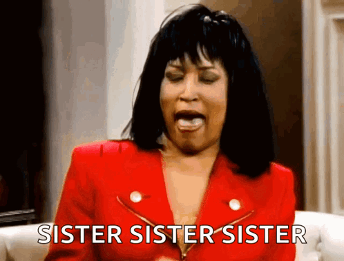 A Woman In A Red Jacket Is Sticking Her Tongue Out And Says Sister Sister Sister . GIF