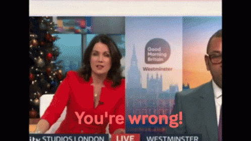 A Woman In A Red Jacket Says " You 'Re Wrong " While A Man In A Suit Looks On GIF