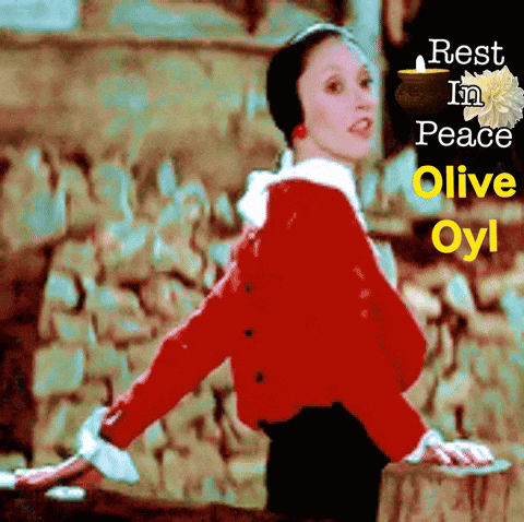A Woman In A Red Jacket With The Words Rest In Peace Olive Oyl On The Bottom GIF