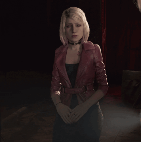 A Woman In A Red Leather Jacket Has A Tattoo On Her Neck GIF