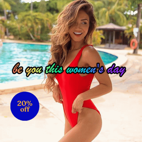A Woman In A Red One Piece Swimsuit Stands In Front Of A Pool With The Words Be You This Women 'S Day GIF