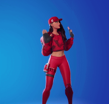 A Woman In A Red Outfit Is Dancing In Front Of A Blue Background . GIF
