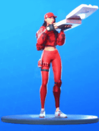A Woman In A Red Outfit Is Holding A Pizza In Her Hands GIF
