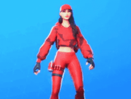 A Woman In A Red Outfit Is Standing In Front Of A Blue Background And Pointing Up . GIF