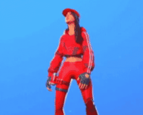 A Woman In A Red Outfit Is Standing In Front Of A Blue Background . GIF