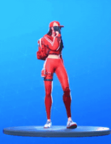 A Woman In A Red Outfit Is Standing On A Blue Background Holding A Gun And Pointing . GIF