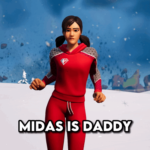 A Woman In A Red Outfit With The Words Midas Is Daddy GIF