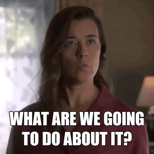 A Woman In A Red Shirt Is Asking What Are We Going To Do About It GIF