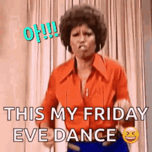 A Woman In A Red Shirt Is Dancing In Front Of A Curtain With The Words `` This My Friday Eve Dance '' . GIF