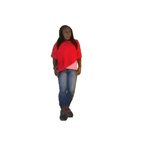 a woman in a red shirt is standing in front of the words you are welcome