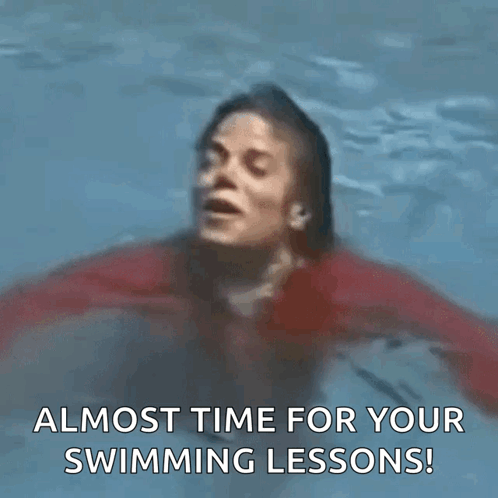 A Woman In A Red Shirt Is Swimming In A Pool With The Words Almost Time For Your Swimming Lessons . GIF