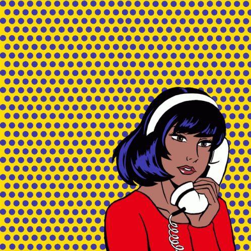 A Woman In A Red Shirt Is Talking On A White Phone GIF