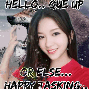 A Woman In A Red Shirt With A Wolf In The Background GIF