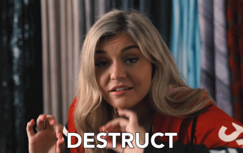 A Woman In A Red Shirt With The Word Destruct Written On Her Face GIF