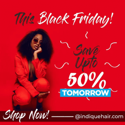 A Woman In A Red Suit Sits On A Red Background Advertising Black Friday GIF