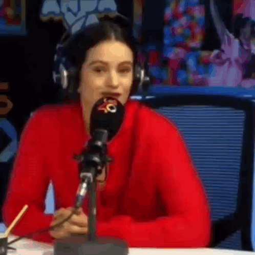 A Woman In A Red Sweater Is Sitting At A Table In Front Of A Microphone . GIF