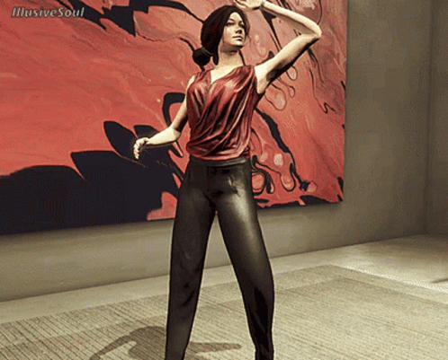 A Woman In A Red Top And Black Pants Is Standing In Front Of A Painting By Illustratesoul GIF