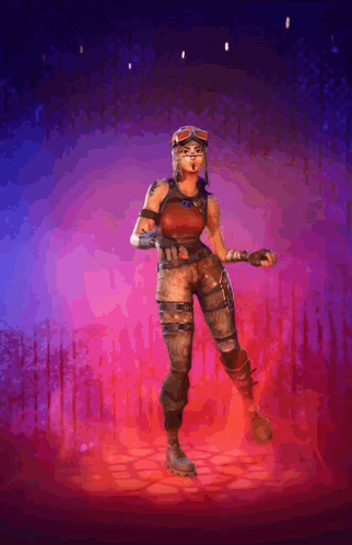 A Woman In A Red Top And Brown Pants Is Standing In Front Of A Purple And Red Background . GIF