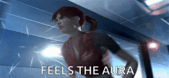 A Woman In A Red Top Is Running With The Words Feels The Aura Below Her GIF