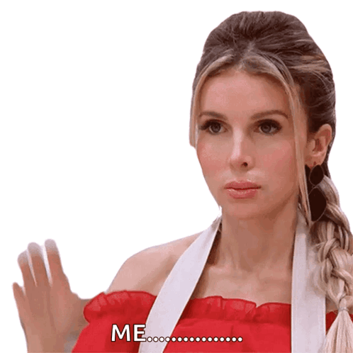 A Woman In A Red Top Says Me With Her Hand Up GIF