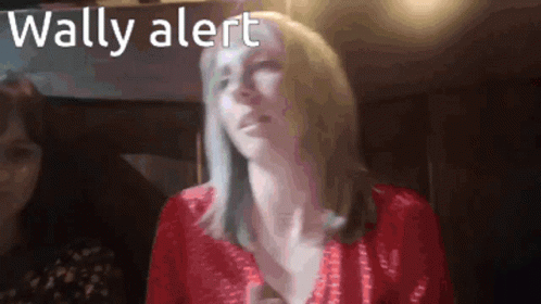 A Woman In A Red Top With The Words Wally Alert Below Her GIF